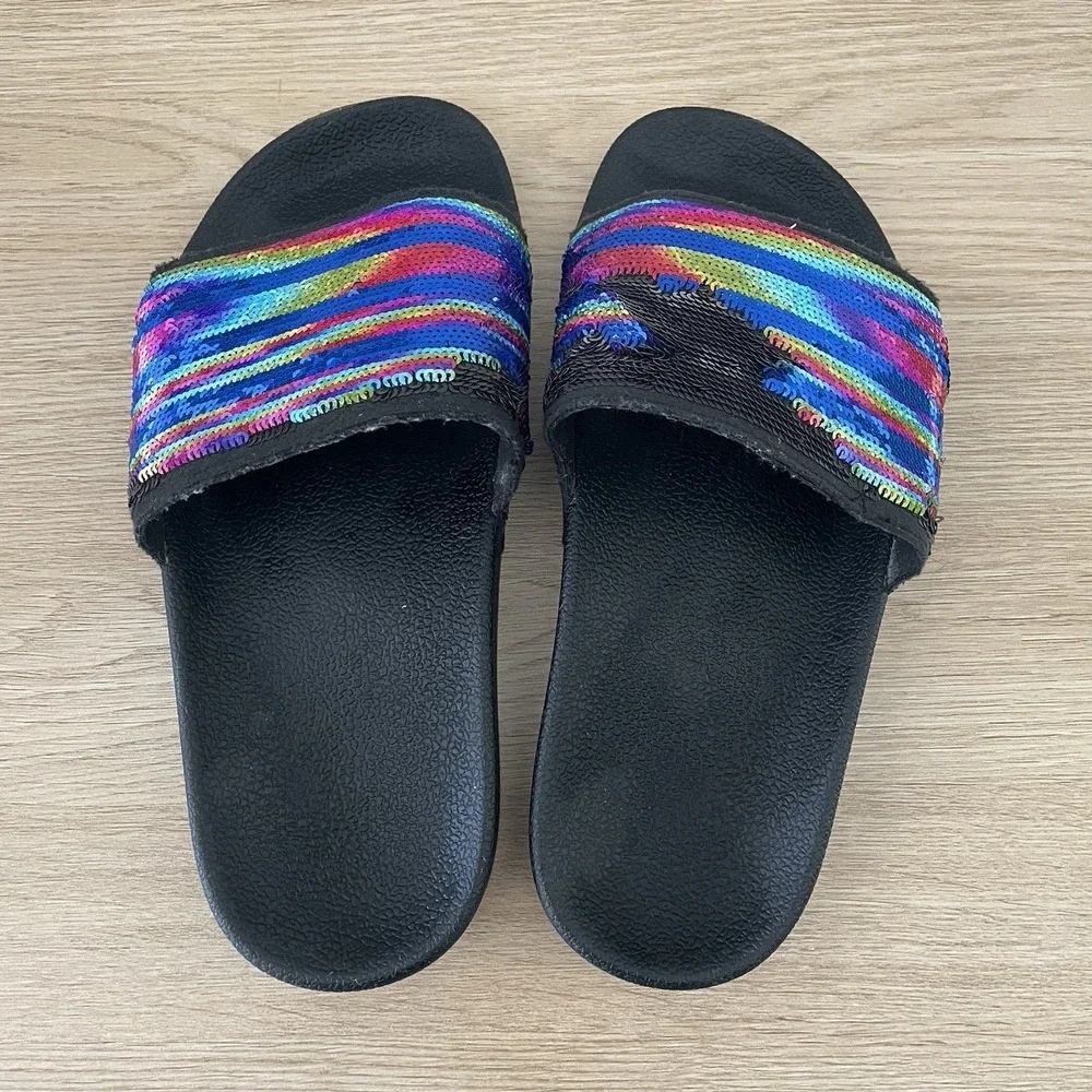 Adidas Adilette Rainbow Sequin Slides Black Multi Color Stripe Kids Size 3
